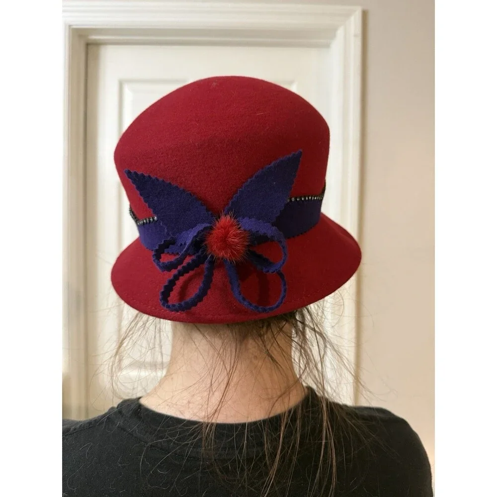 Vintage Red Felt Cloche Hat Womens Navy Ribbon Studded Bow Winter Retro